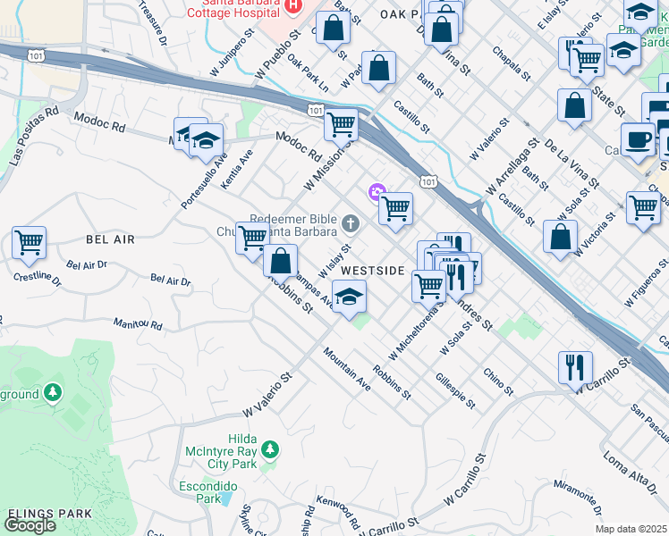 map of restaurants, bars, coffee shops, grocery stores, and more near 826 West Valerio Street in Santa Barbara