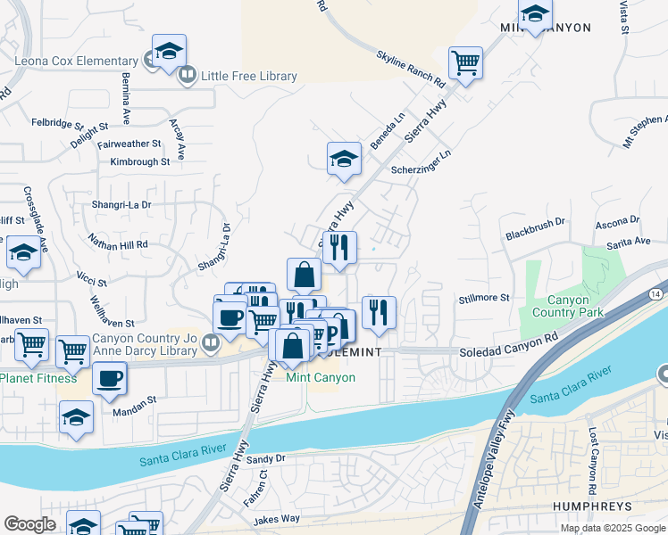 map of restaurants, bars, coffee shops, grocery stores, and more near in Santa Clarita