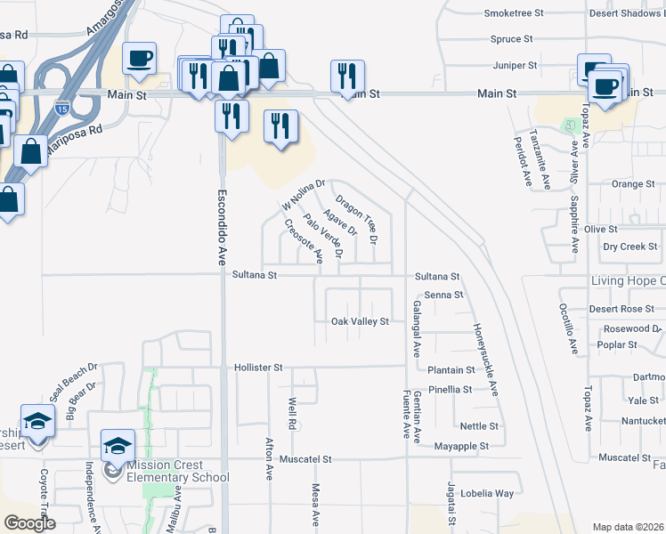 map of restaurants, bars, coffee shops, grocery stores, and more near 9304 Palo Verde Drive in Hesperia