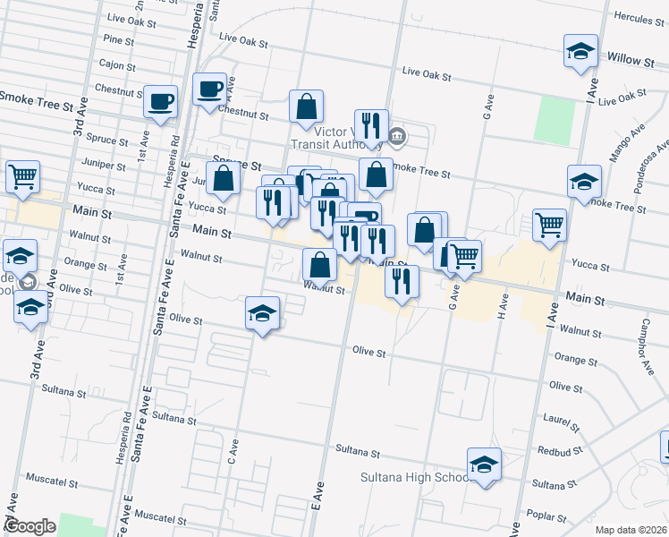 map of restaurants, bars, coffee shops, grocery stores, and more near 16925 Main Street in Hesperia