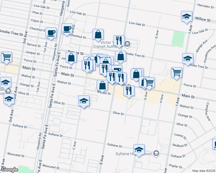 map of restaurants, bars, coffee shops, grocery stores, and more near 16925 Main Street in Hesperia