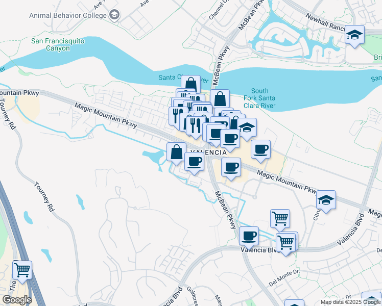 map of restaurants, bars, coffee shops, grocery stores, and more near 27011 McBean Parkway in Santa Clarita