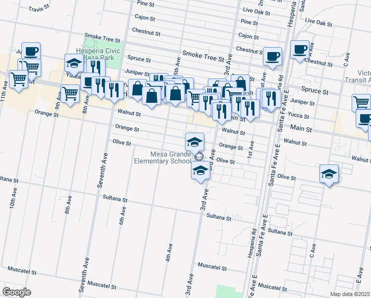 map of restaurants, bars, coffee shops, grocery stores, and more near 16215 Orange Street in Hesperia