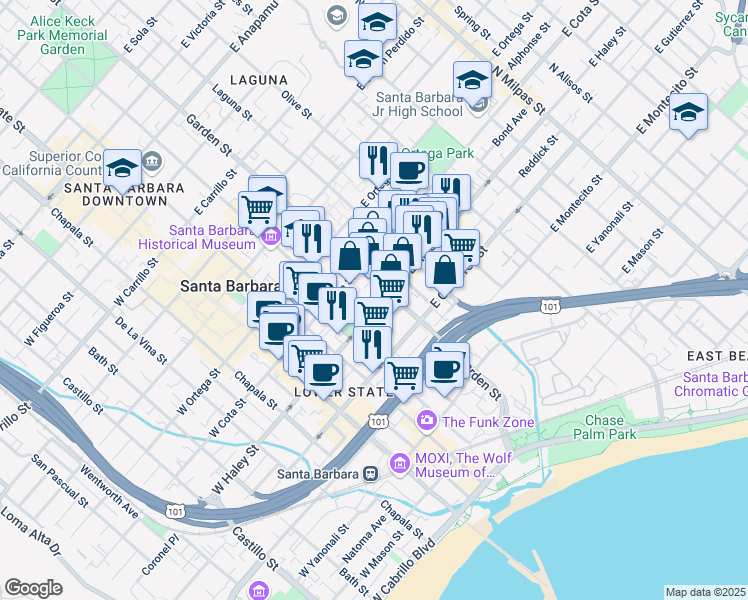 map of restaurants, bars, coffee shops, grocery stores, and more near 305 East Haley Street in Santa Barbara