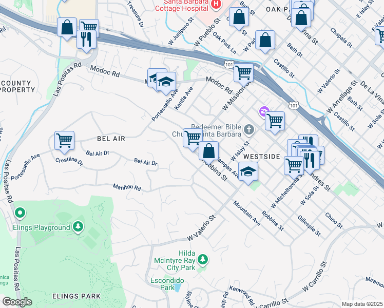 map of restaurants, bars, coffee shops, grocery stores, and more near 925 West Mission Street in Santa Barbara