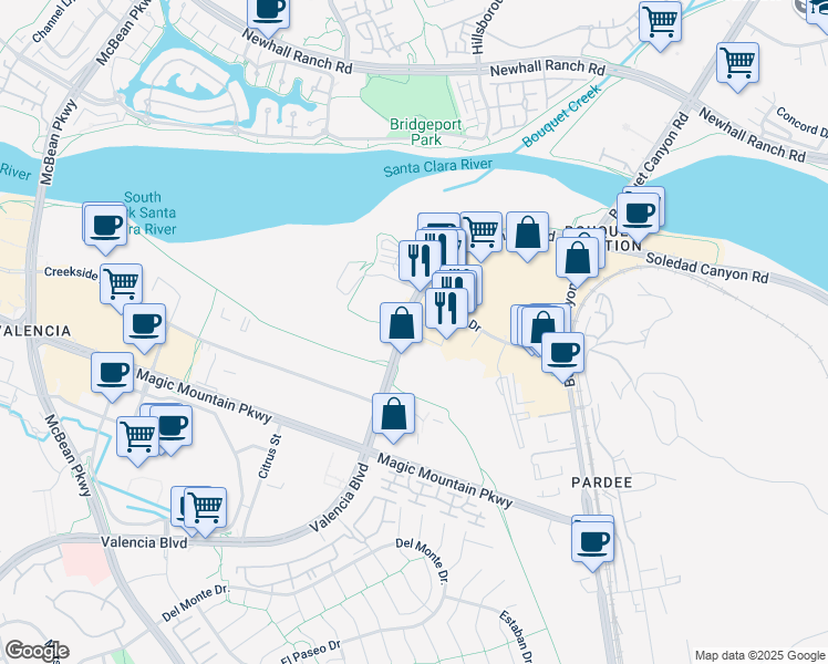 map of restaurants, bars, coffee shops, grocery stores, and more near 23500 Valencia Boulevard in Santa Clarita