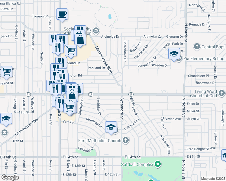 map of restaurants, bars, coffee shops, grocery stores, and more near 1309 Oakhurst Road in Clovis