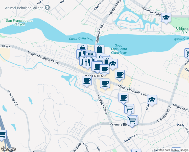 map of restaurants, bars, coffee shops, grocery stores, and more near McBean Pkwy & Magic Mountain Pkwy in Santa Clarita