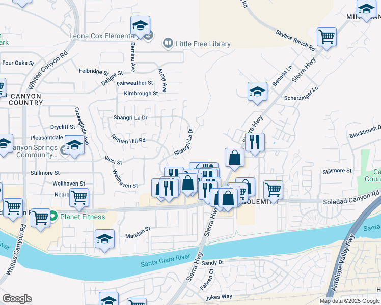 map of restaurants, bars, coffee shops, grocery stores, and more near 18529 Himalayan Court in Santa Clarita