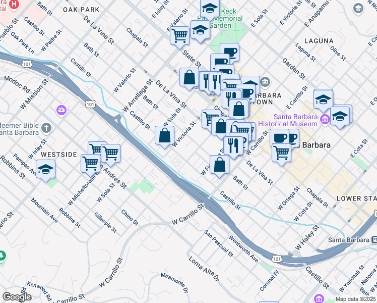map of restaurants, bars, coffee shops, grocery stores, and more near 1207 Bath Street in Santa Barbara