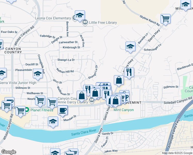 map of restaurants, bars, coffee shops, grocery stores, and more near 18510 Himalayan Court in Santa Clarita