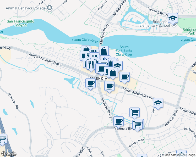 map of restaurants, bars, coffee shops, grocery stores, and more near in Santa Clarita