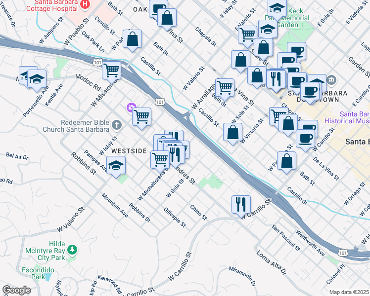 map of restaurants, bars, coffee shops, grocery stores, and more near West Micheltorena Street in Santa Barbara