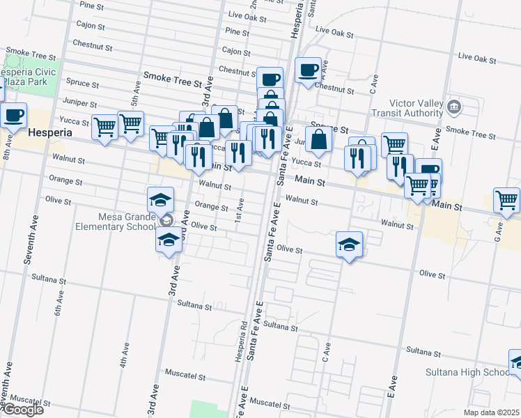 map of restaurants, bars, coffee shops, grocery stores, and more near 16509 Walnut Street in Hesperia