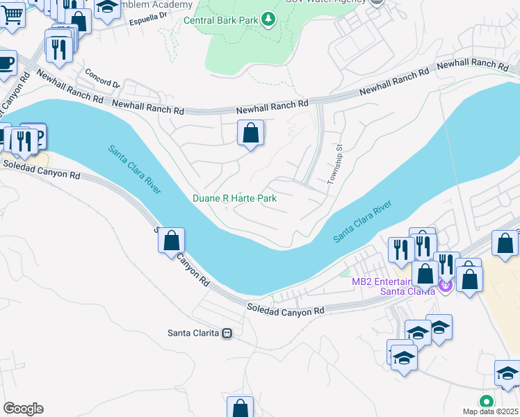map of restaurants, bars, coffee shops, grocery stores, and more near 22502 Leaf Spring Court in Santa Clarita