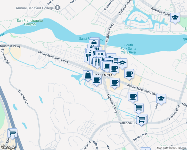 map of restaurants, bars, coffee shops, grocery stores, and more near 24585 Town Center Drive in Santa Clarita