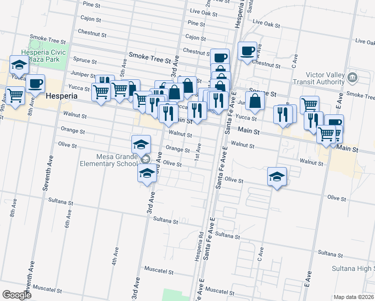 map of restaurants, bars, coffee shops, grocery stores, and more near Orange Street in Hesperia
