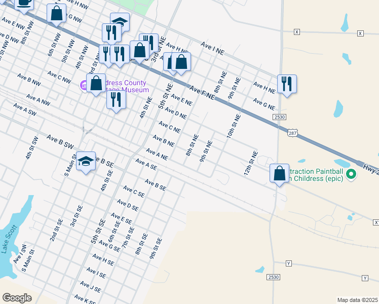 map of restaurants, bars, coffee shops, grocery stores, and more near 200 8th Street Northeast in Childress