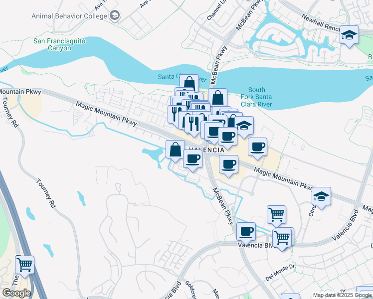 map of restaurants, bars, coffee shops, grocery stores, and more near 24545 Town Center Drive in Santa Clarita