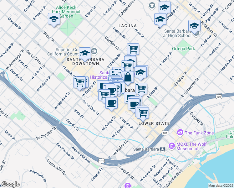 map of restaurants, bars, coffee shops, grocery stores, and more near in Santa Barbara