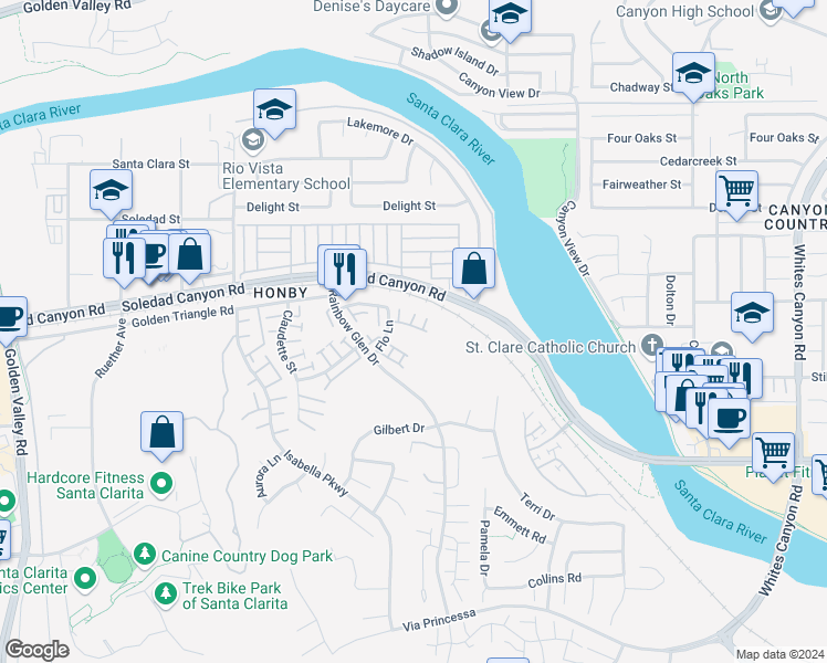 map of restaurants, bars, coffee shops, grocery stores, and more near 26958 Flo Lane in Santa Clarita