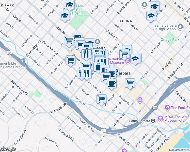 map of restaurants, bars, coffee shops, grocery stores, and more near 925 Chapala Street in Santa Barbara