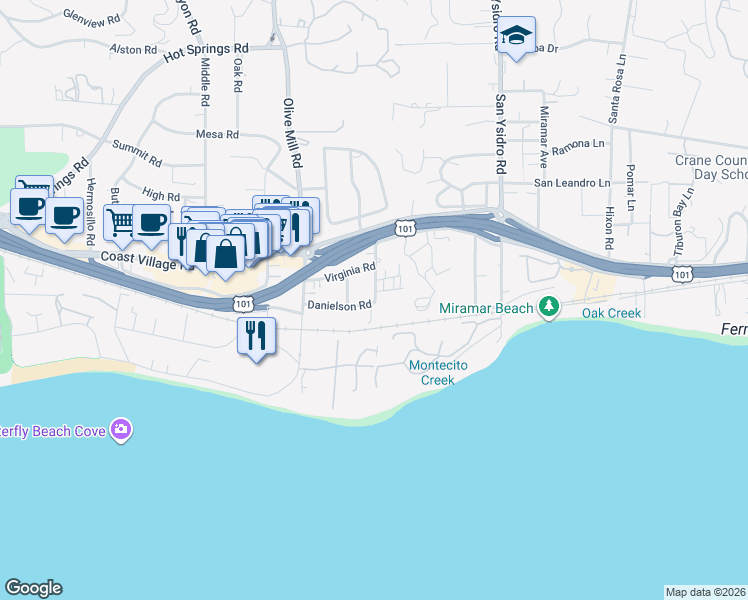 map of restaurants, bars, coffee shops, grocery stores, and more near 1370 Danielson Road in Montecito