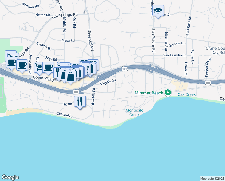map of restaurants, bars, coffee shops, grocery stores, and more near 1370 Danielson Road in Montecito