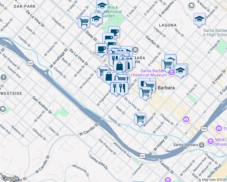 map of restaurants, bars, coffee shops, grocery stores, and more near 1109 De La Vina Street in Santa Barbara