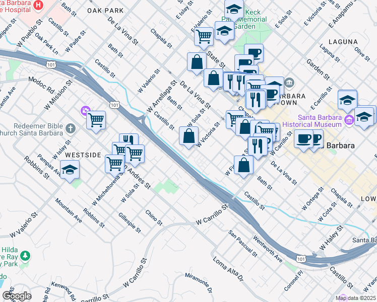 map of restaurants, bars, coffee shops, grocery stores, and more near 1313 A Castillo Street in Santa Barbara
