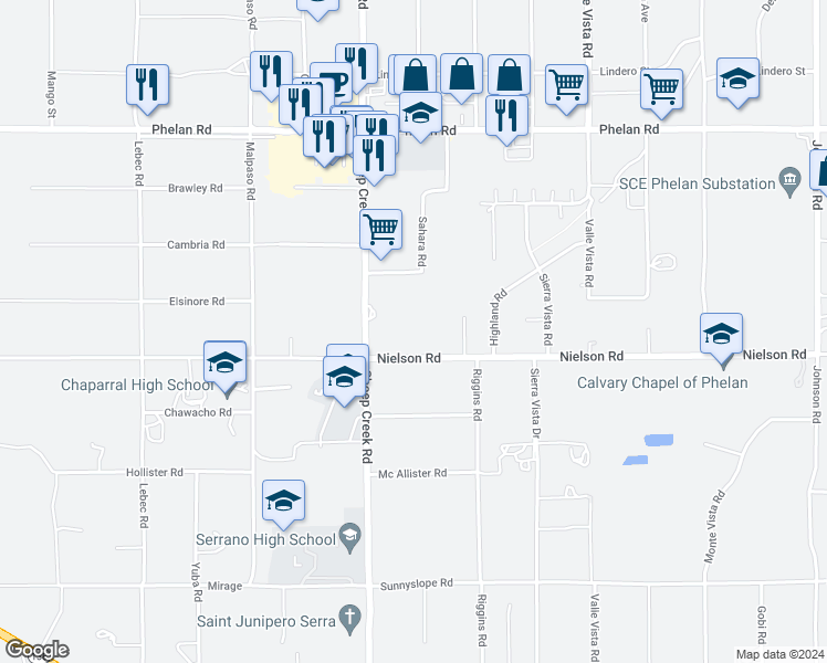 map of restaurants, bars, coffee shops, grocery stores, and more near 4190 Nielson Road in Phelan