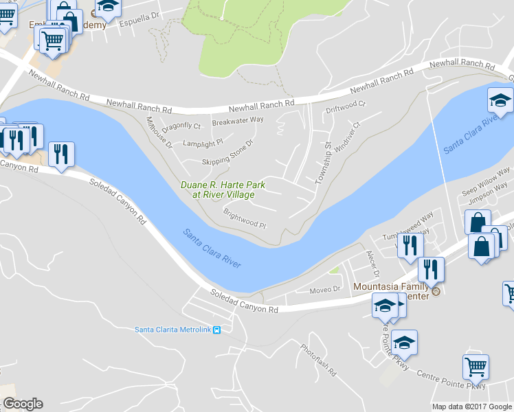 map of restaurants, bars, coffee shops, grocery stores, and more near 22499 Leaf Spring Court in Santa Clarita