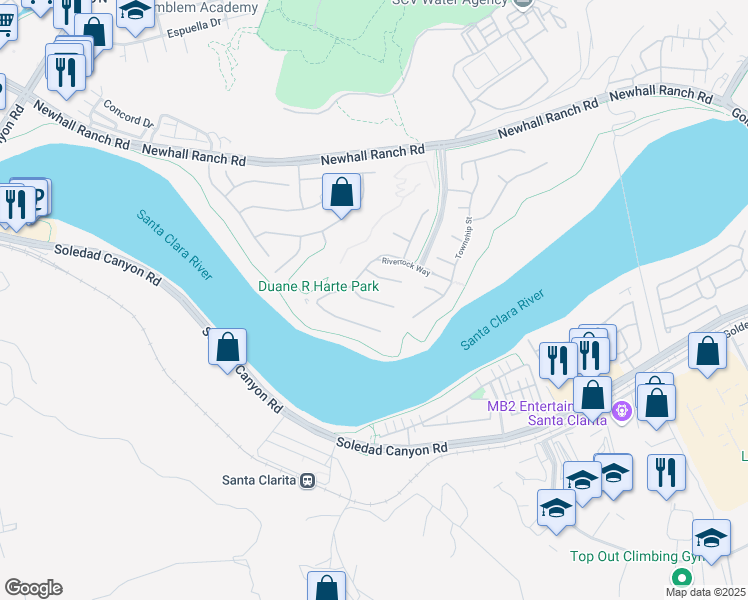 map of restaurants, bars, coffee shops, grocery stores, and more near 22491 Leaf Spring Court in Santa Clarita