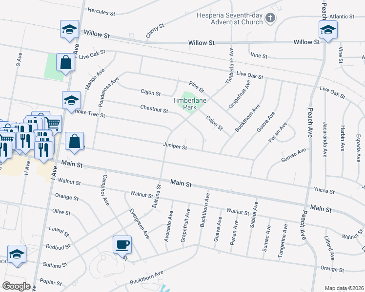 map of restaurants, bars, coffee shops, grocery stores, and more near Juniper Street in Hesperia