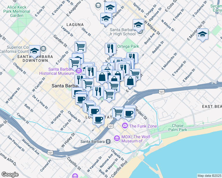 map of restaurants, bars, coffee shops, grocery stores, and more near 500-514 Garden Street in Santa Barbara