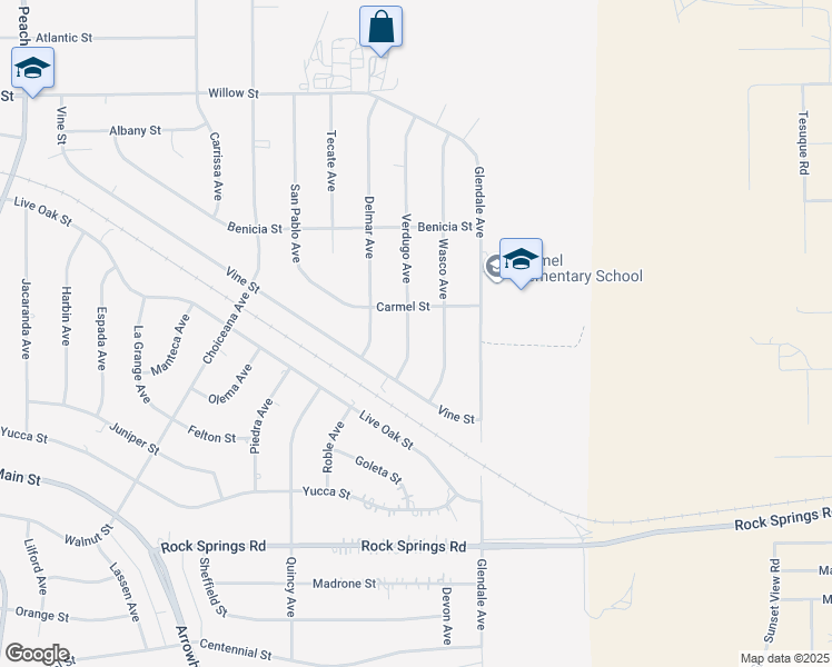 map of restaurants, bars, coffee shops, grocery stores, and more near 9275 Verdugo Avenue in Hesperia