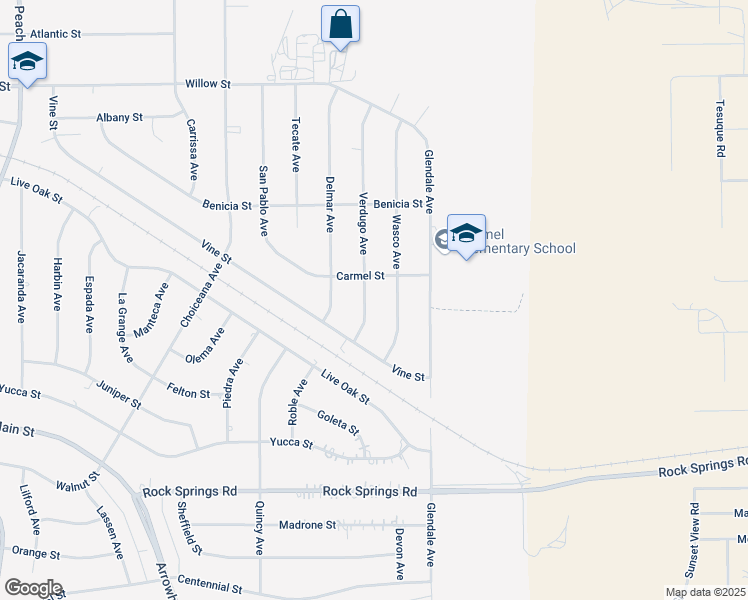 map of restaurants, bars, coffee shops, grocery stores, and more near 9275 Verdugo Avenue in Hesperia