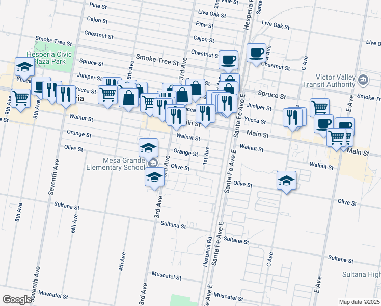 map of restaurants, bars, coffee shops, grocery stores, and more near Orange Street in Hesperia