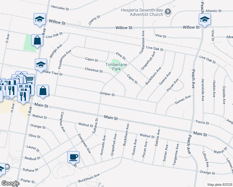 map of restaurants, bars, coffee shops, grocery stores, and more near 17968 Juniper Street in Hesperia