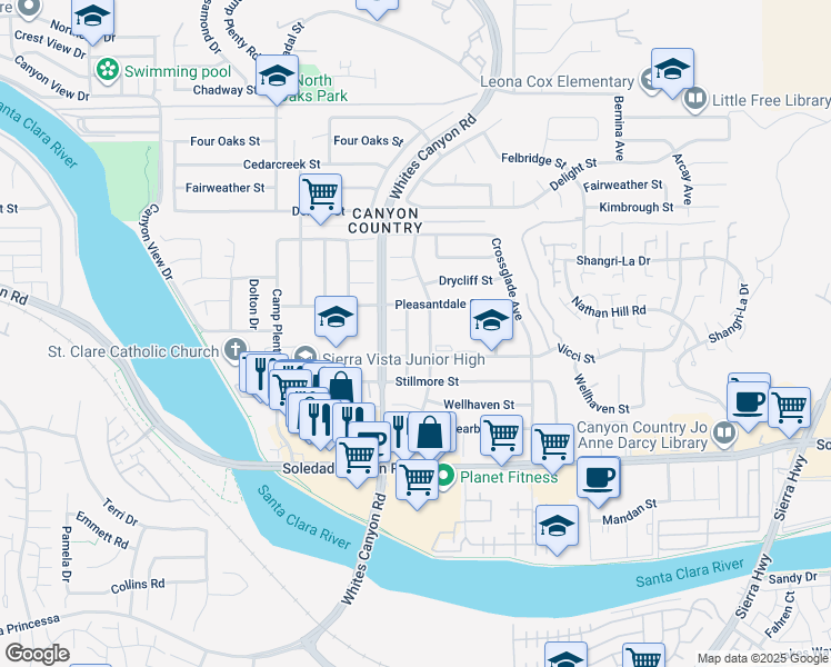 map of restaurants, bars, coffee shops, grocery stores, and more near 27410 Dewdrop Avenue in Santa Clarita