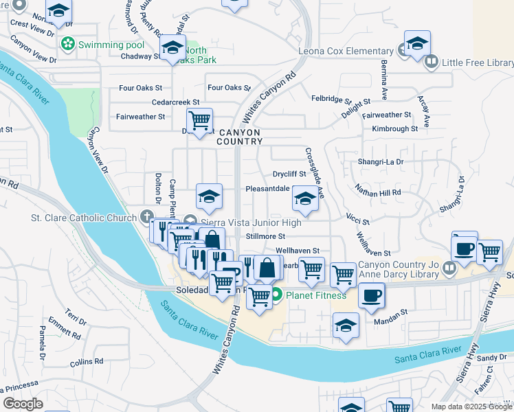 map of restaurants, bars, coffee shops, grocery stores, and more near 27410 Dewdrop Avenue in Santa Clarita