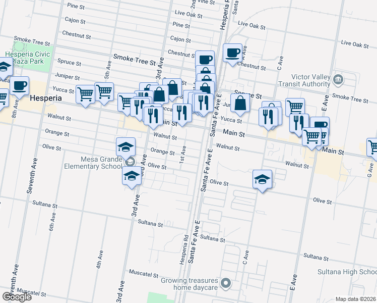 map of restaurants, bars, coffee shops, grocery stores, and more near 16464 Orange Street in Hesperia