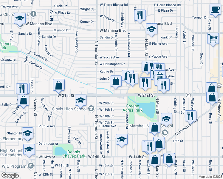 map of restaurants, bars, coffee shops, grocery stores, and more near 2100 La Fonda Road in Clovis