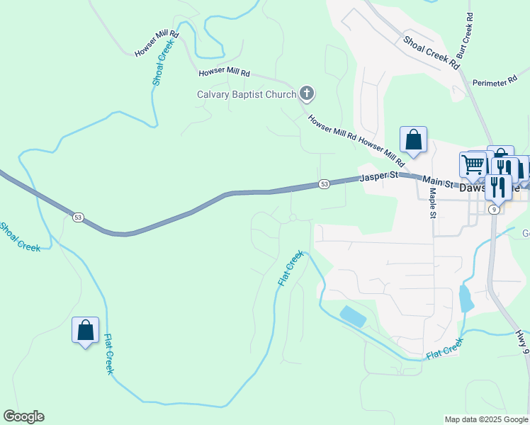 map of restaurants, bars, coffee shops, grocery stores, and more near 753 Highway 53 in Dawsonville