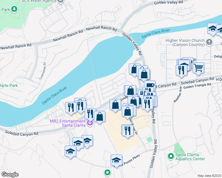 map of restaurants, bars, coffee shops, grocery stores, and more near 21319 Blue Curl Way in Santa Clarita