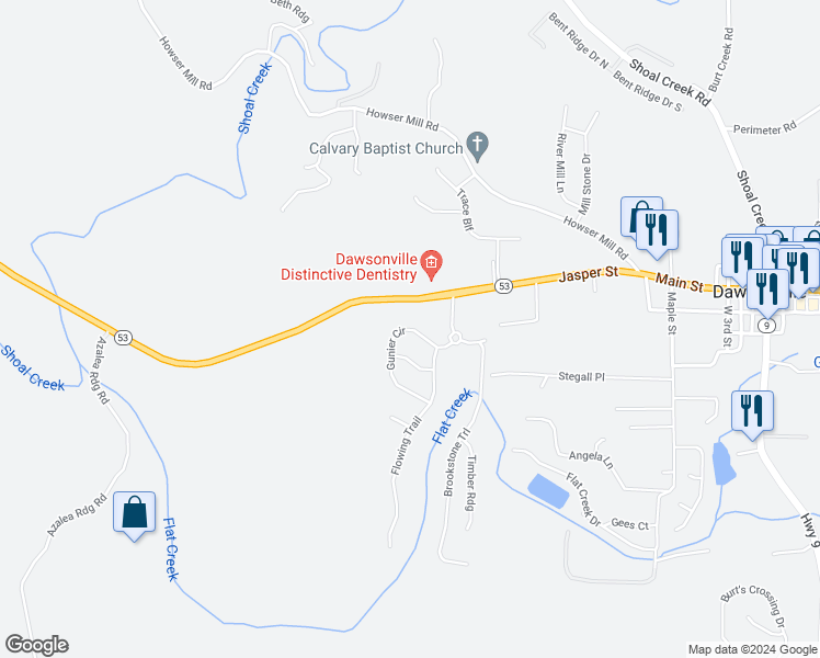 map of restaurants, bars, coffee shops, grocery stores, and more near 106 Gunier Circle in Dawsonville