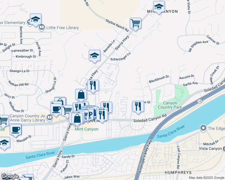 map of restaurants, bars, coffee shops, grocery stores, and more near in Santa Clarita