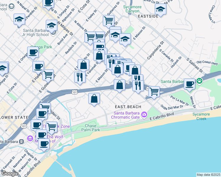 map of restaurants, bars, coffee shops, grocery stores, and more near in Santa Barbara