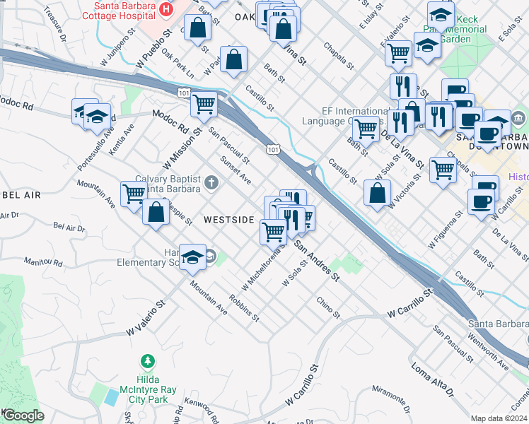 map of restaurants, bars, coffee shops, grocery stores, and more near 626 Mulberry Avenue in Santa Barbara