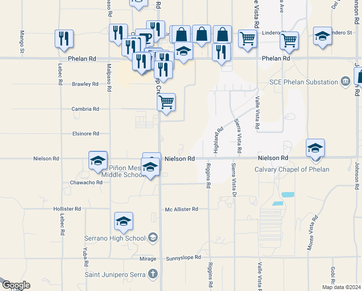 map of restaurants, bars, coffee shops, grocery stores, and more near 4190 Nielson Road in Phelan